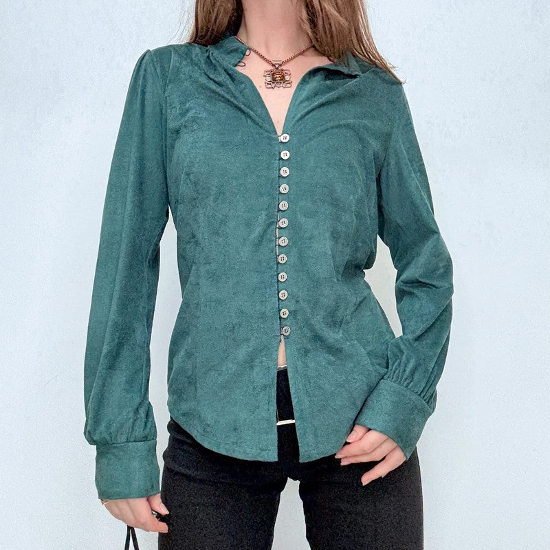green fitted button flared shirt