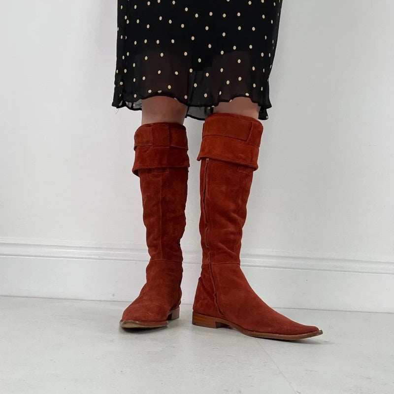 Pointed toe burnt orange suede buckle 70s boots