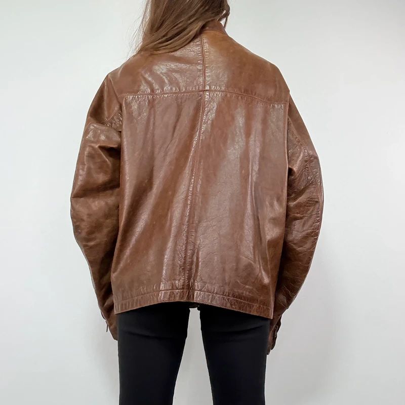 Brown Oversized Leather Bomber Jacket