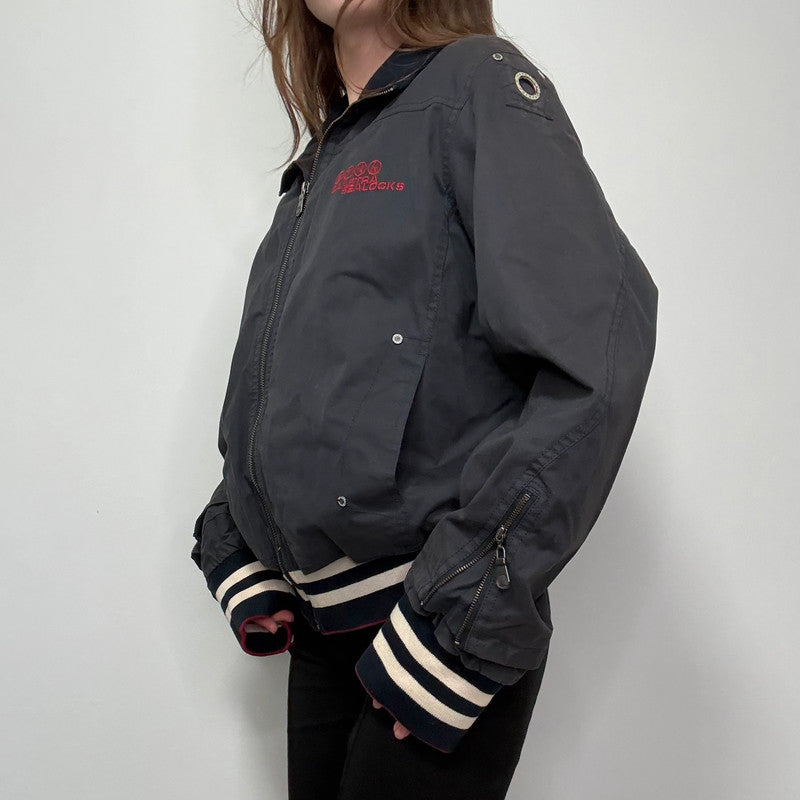 navy bomber jacket, thick striped waistband