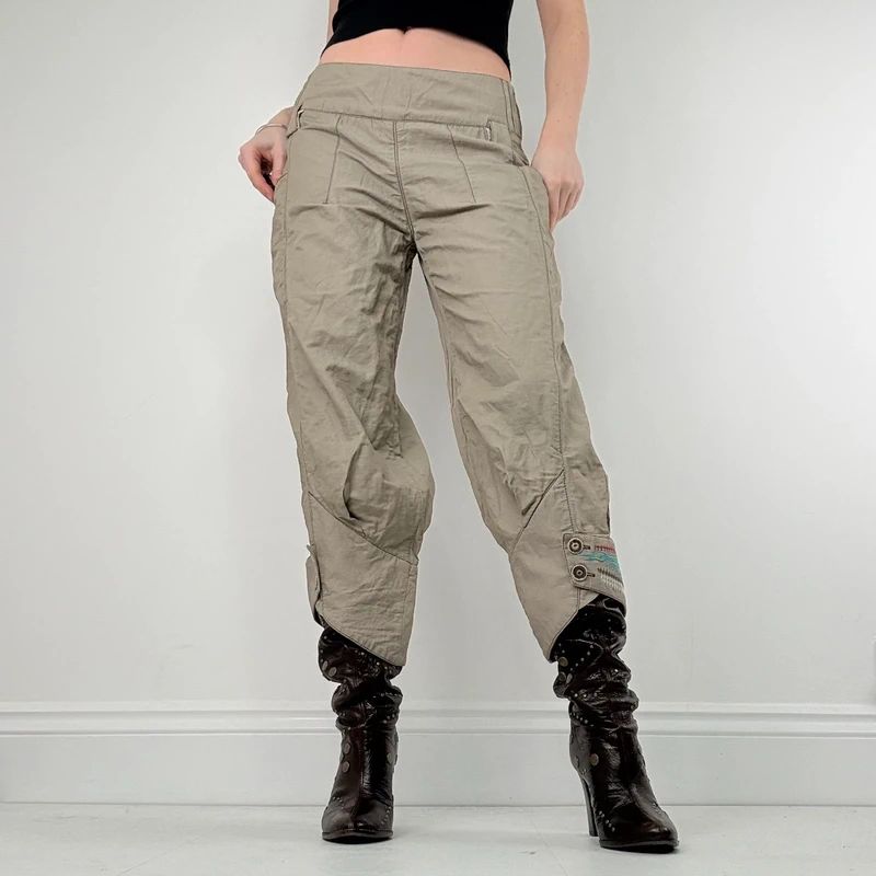 khaki low rise puff pleated trousers