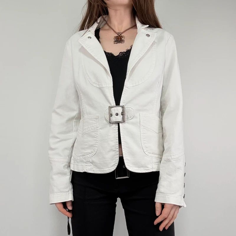 white buckle belted military jacket