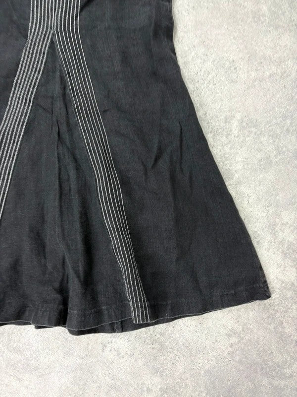 black linen high-waisted stitched flare maxi skirt