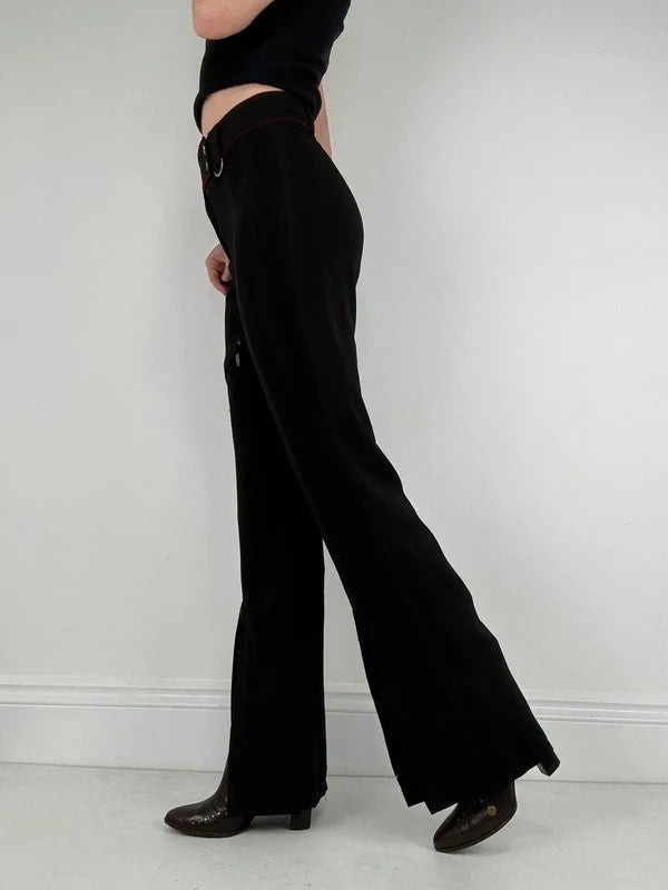 black pinstripe flared gothic d-ring utility trousers