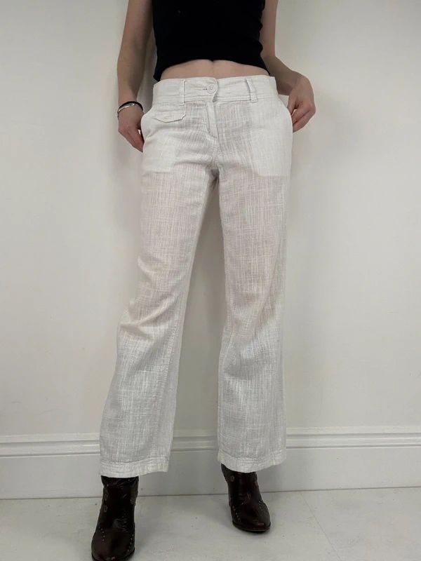 white linen wide leg low rise trousers