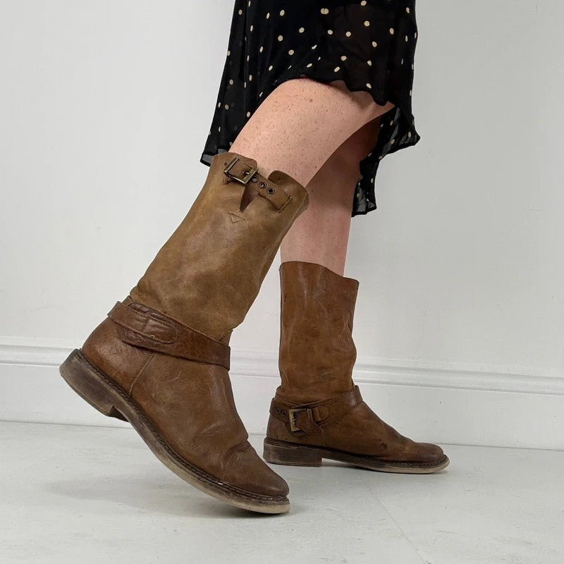 Tan leather buckle biker boots