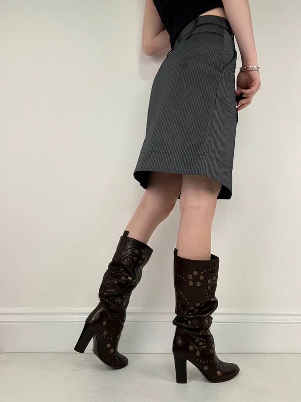 grey pinstripe flared pleated midi skirt