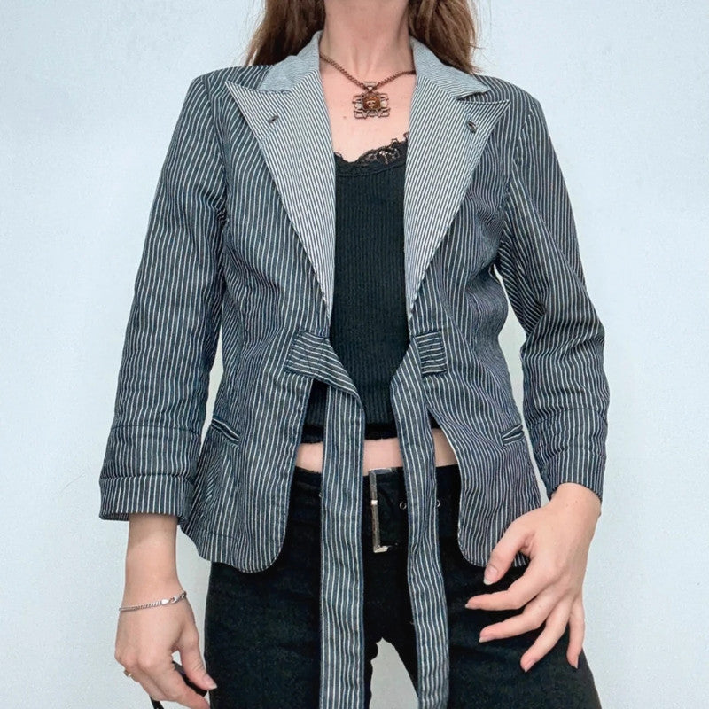 pinstripe morgan high neck popper jacket