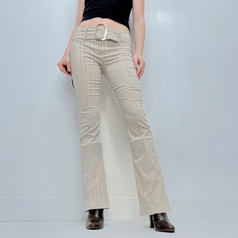 tan pinstripe buckle flared trousers