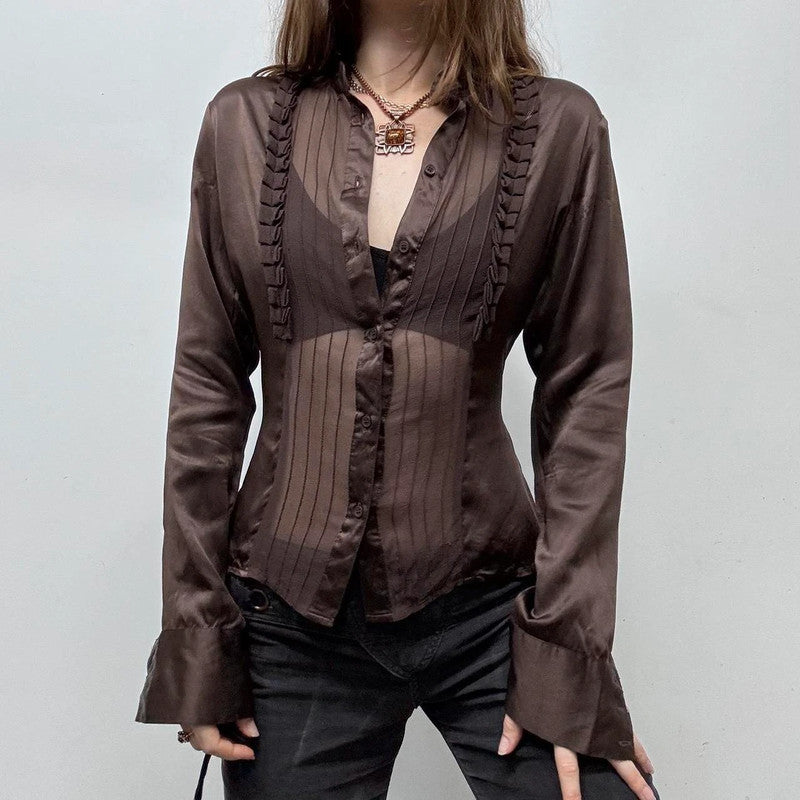 brown sheer silk pinstripe ruffle shirt