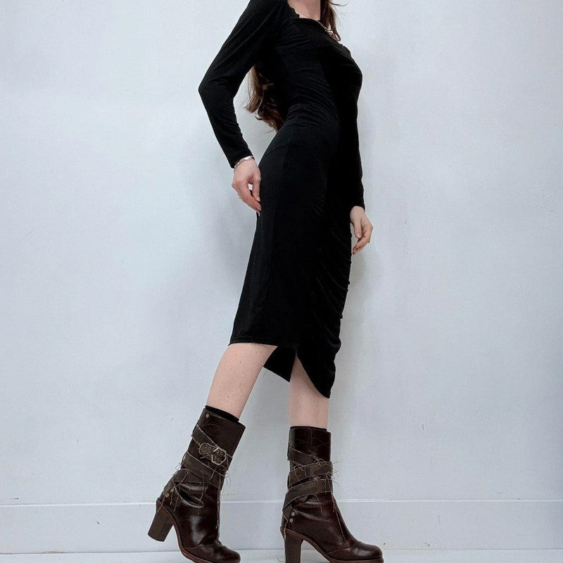 asymmetric black pleated midi dress