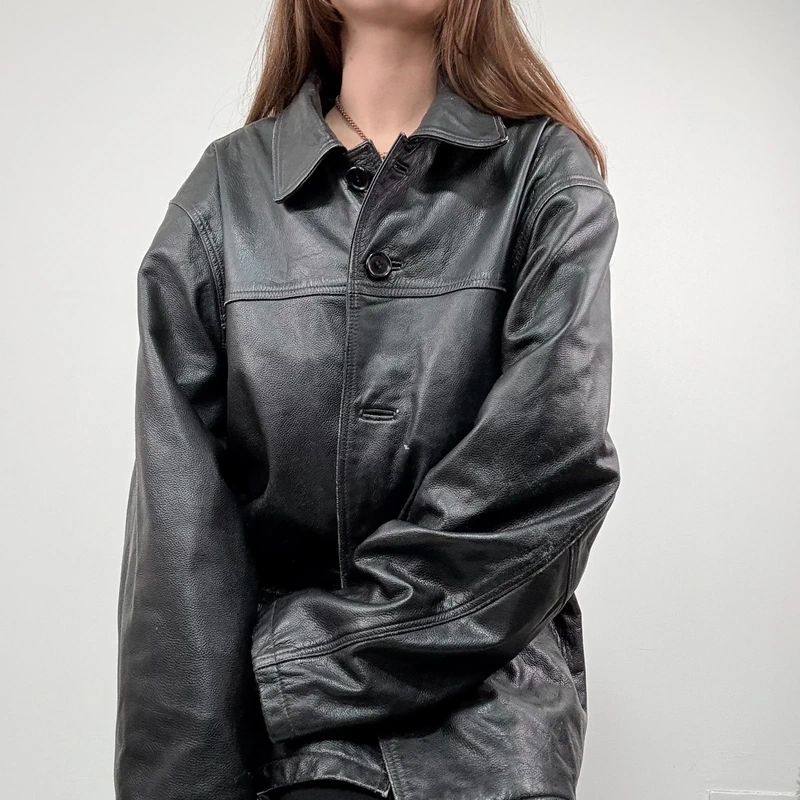 oversized black leather jacket