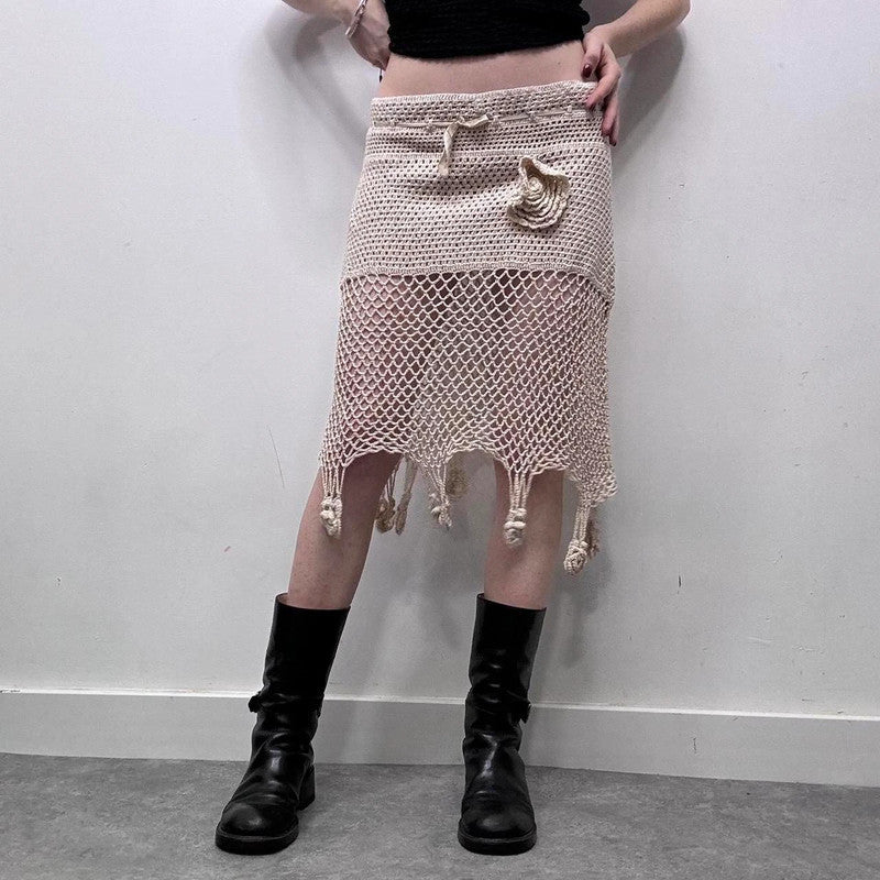cream crochet lace sheer midi skirt