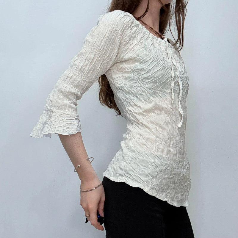 cream flared wide neck crinkle shirt