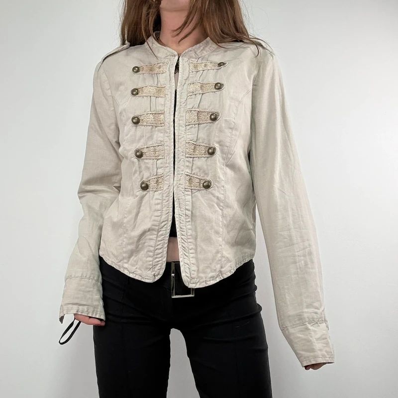 cotton khaki distressed button military jacket