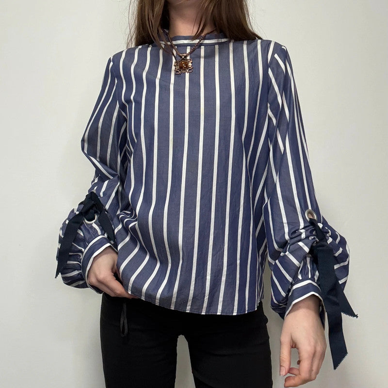 Navy striped balloon puff sleeve shirt