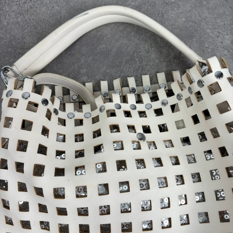 Studded faux-leather woven glitter hobo bag