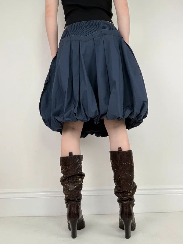 Puff parachute navy pleated midi flare skirt with zipper
