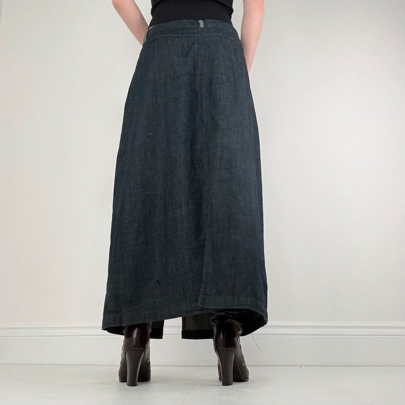 dark denim flared maxi skirt