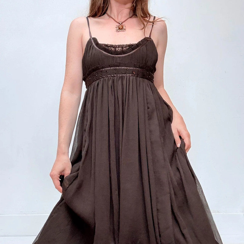 brown crinkle pleated maxi dress
