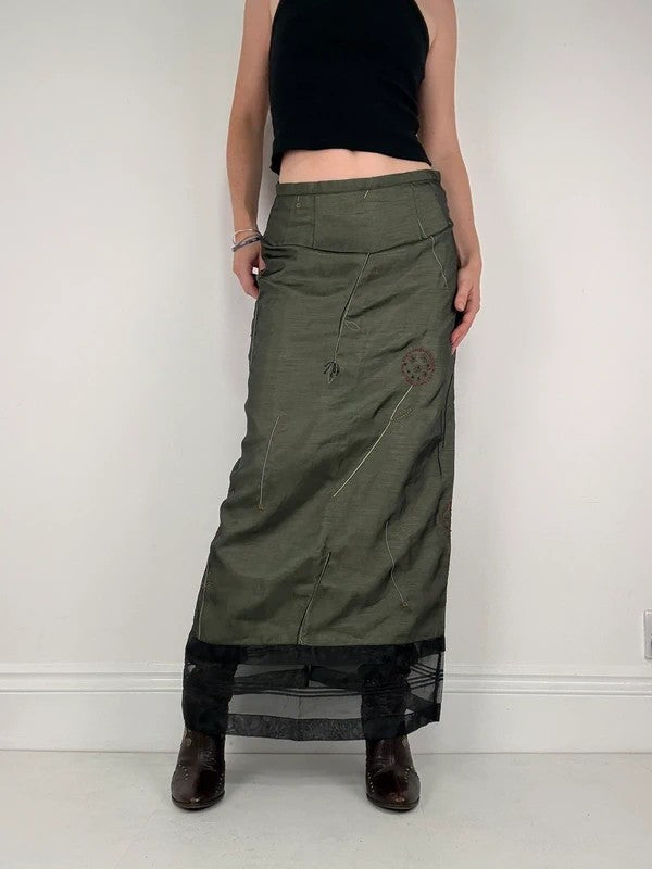 Green embroidered layered a-line maxi skirt