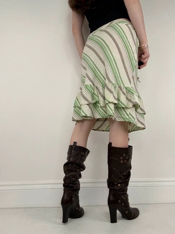 Pinstripe ruffle boho Y2K midi skirt