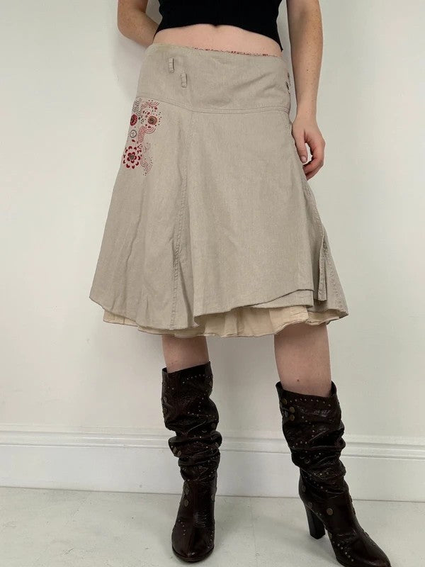 beige linen flared layered midi skirt