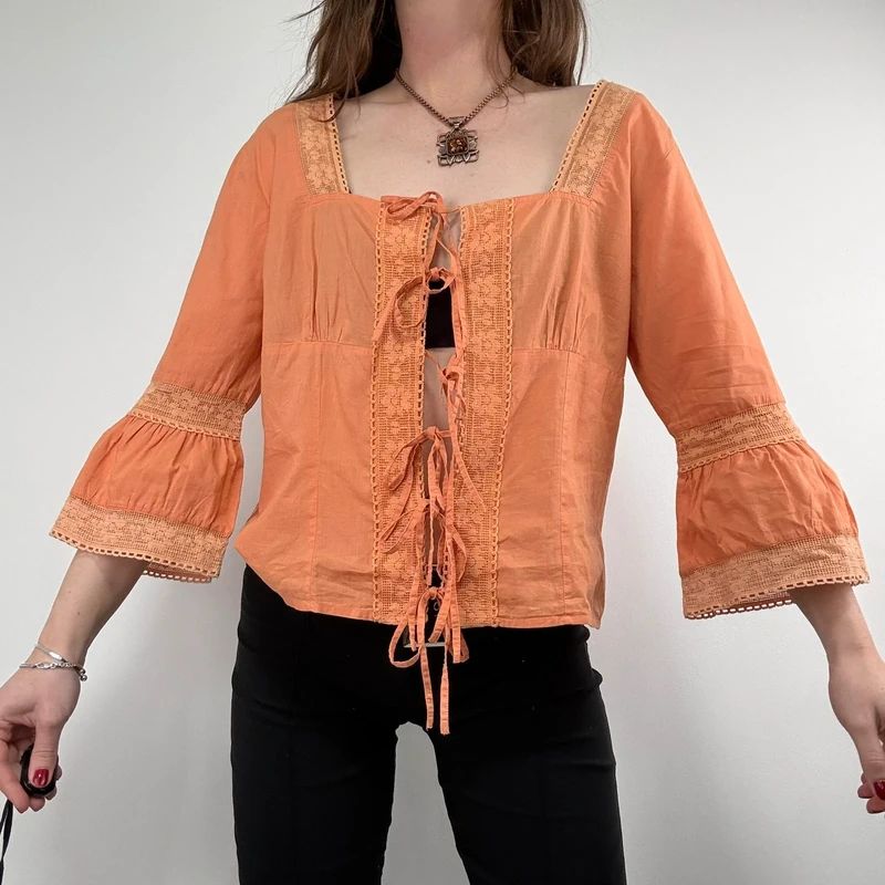flared orange lace cotton blouse