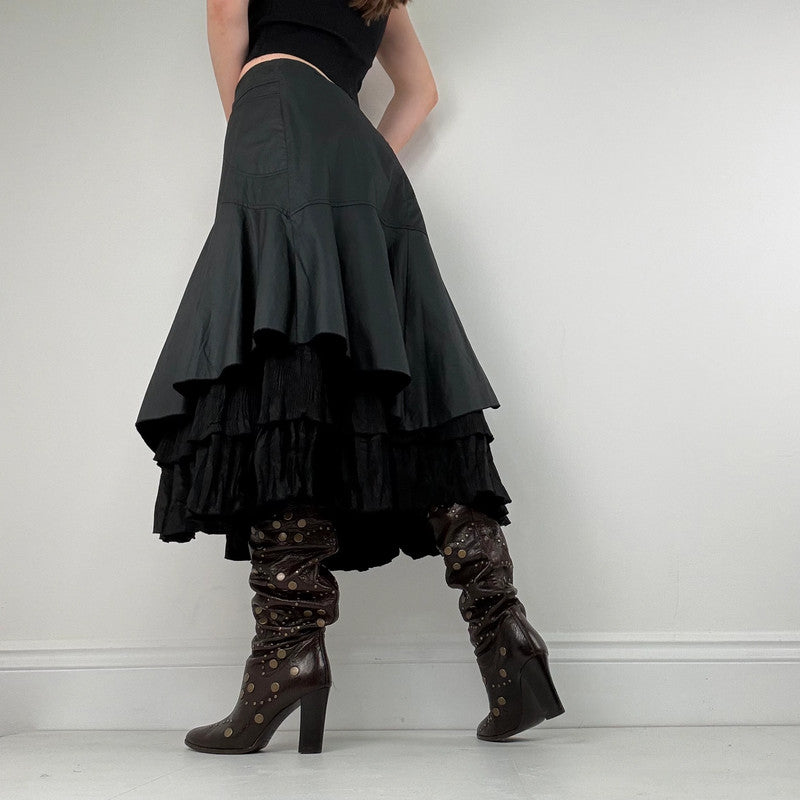 black pleated layered flared midi skirt