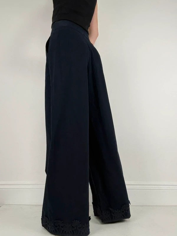 navy ultra wide leg lace hem trousers
