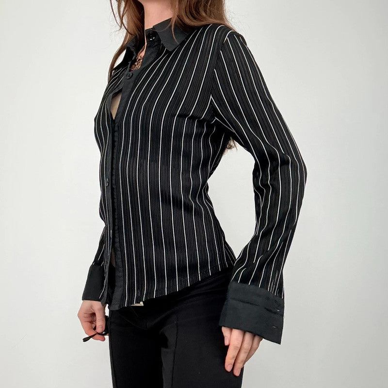black fitted pinstripe shirt
