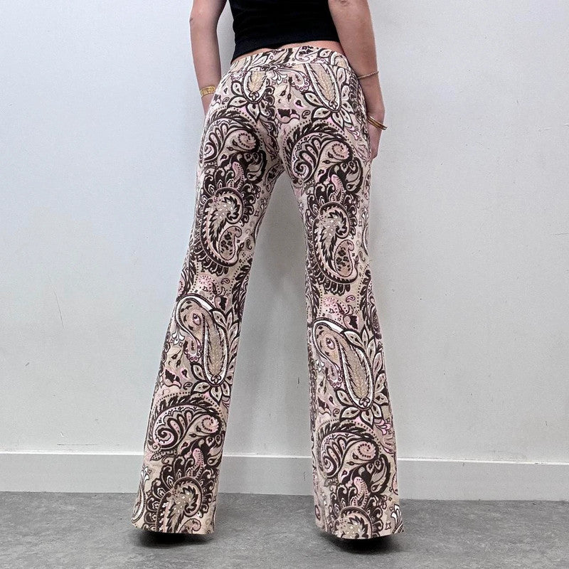 brown paisley patterned flared cord trousers