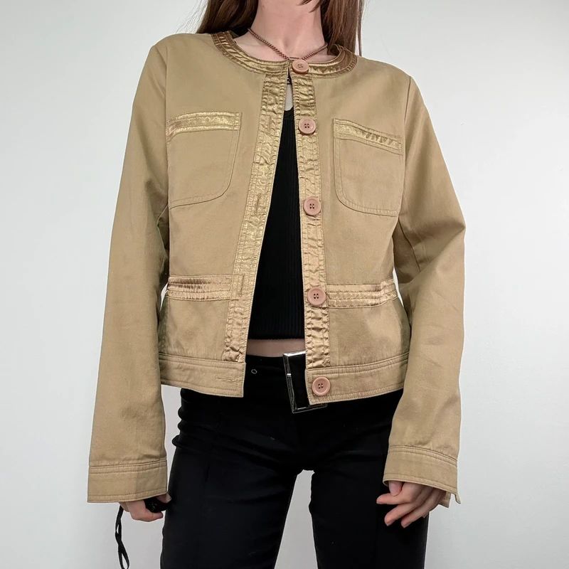 tan boxy cropped fit jacket with exposed button detail