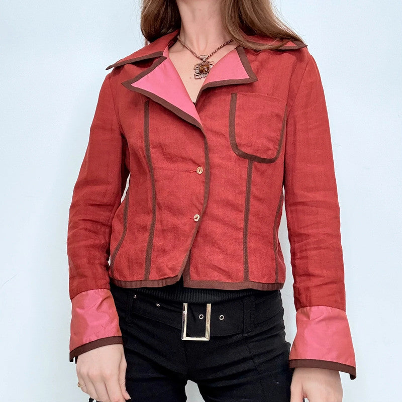 red linen cropped shirt jacket