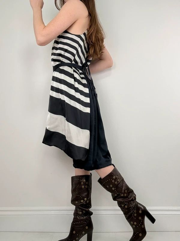 Navy and white striped asymmetric midi dress