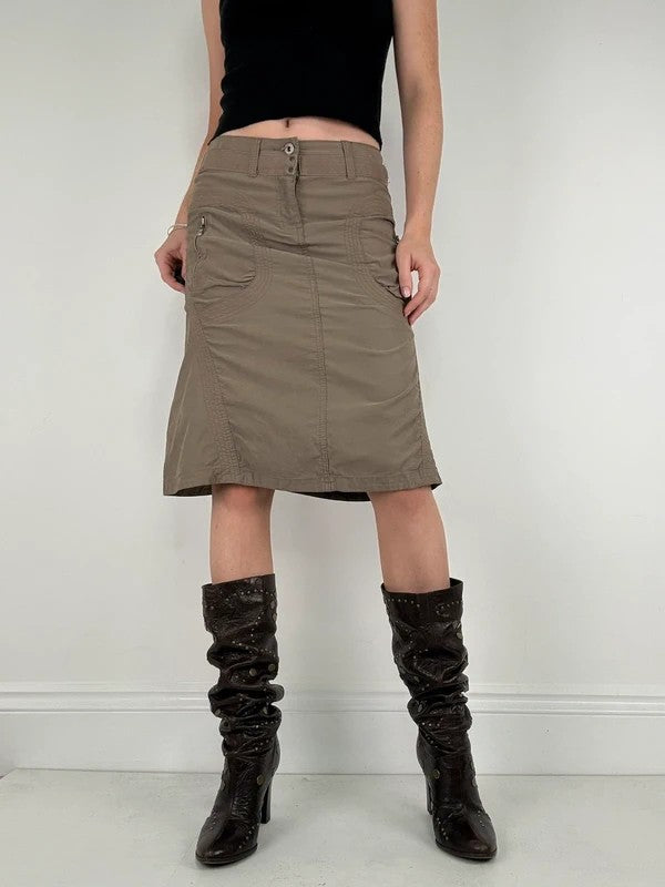 Khaki cotton cargo canvas a-line midi skirt