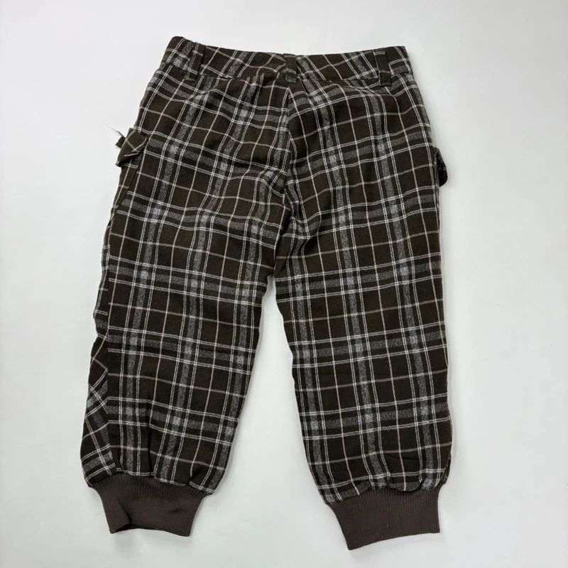 khaki tartan puff cinched capri trousers