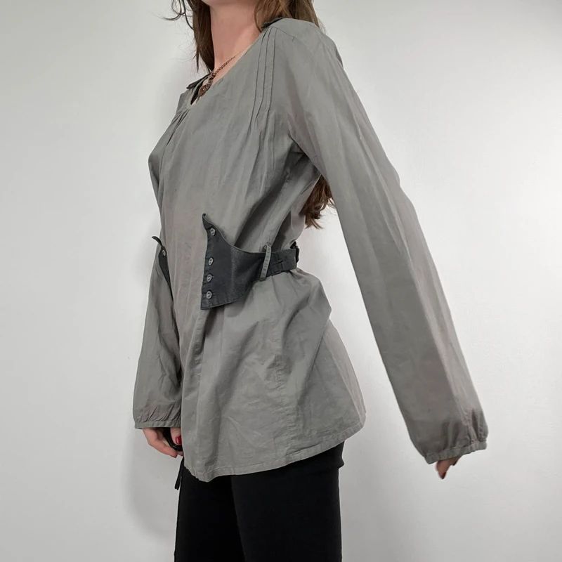 utility khaki pleated blouse with harness braces