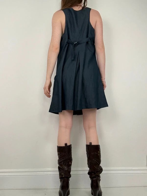 pleated denim mini pinafore dress