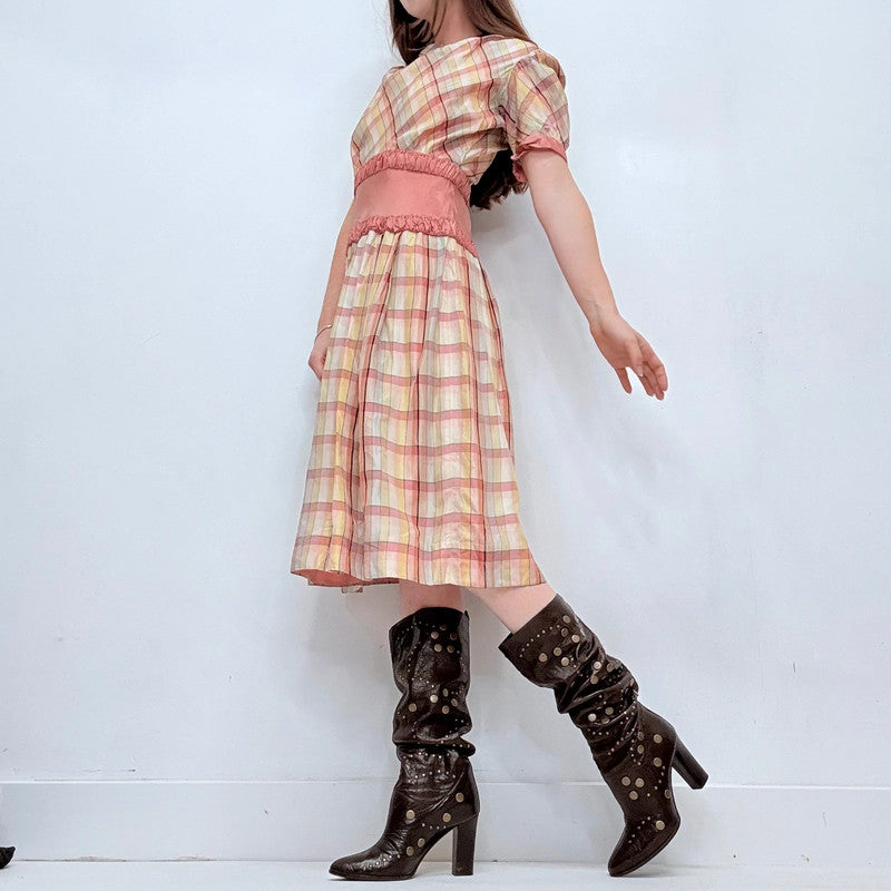 Antique preppy pink checked fitted flared pleated dress