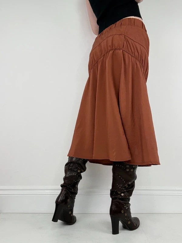 Cop Copine gathered ruched orange midi skirt
