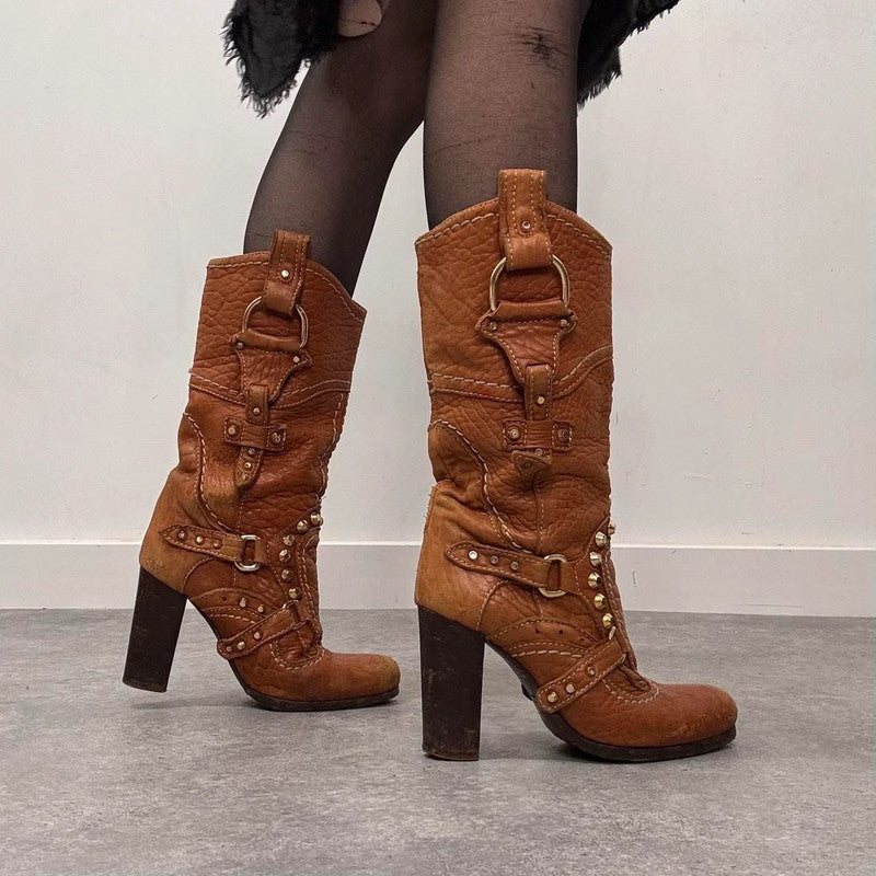 tan leather studded heeled boots