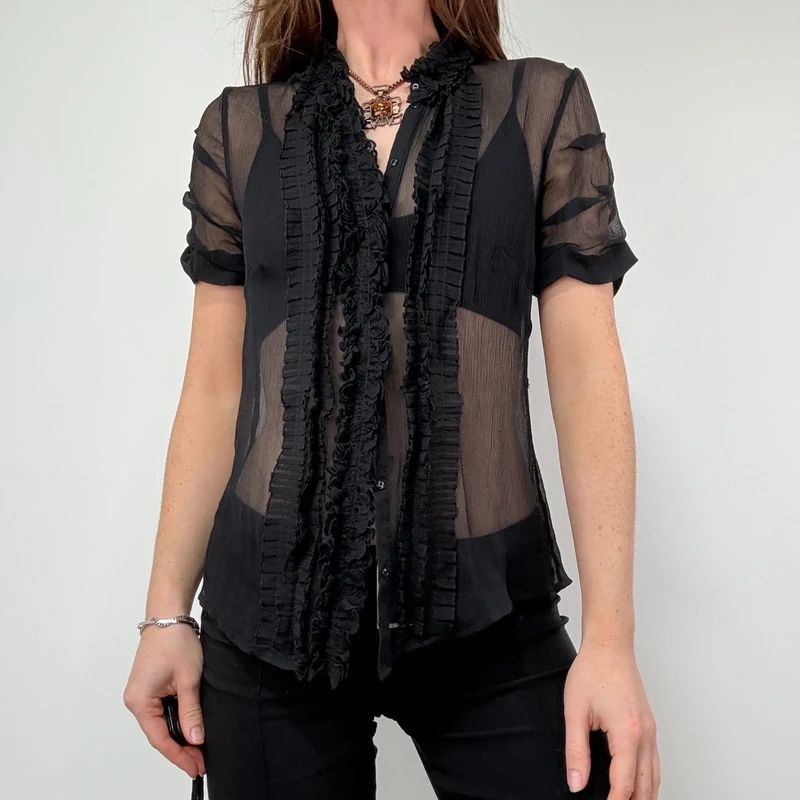 black sheer silk ruffle shirt with short sleeves