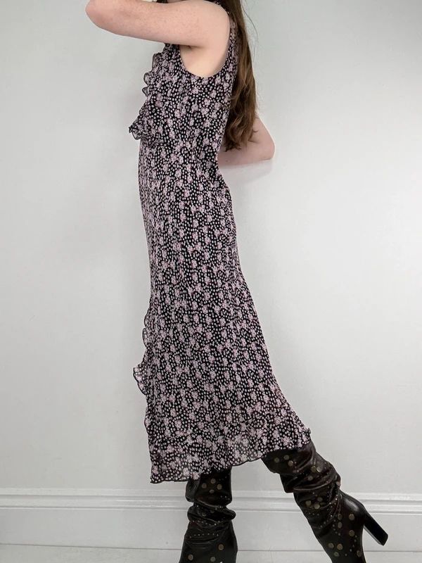 black polkadot ruffle flutter midi dress