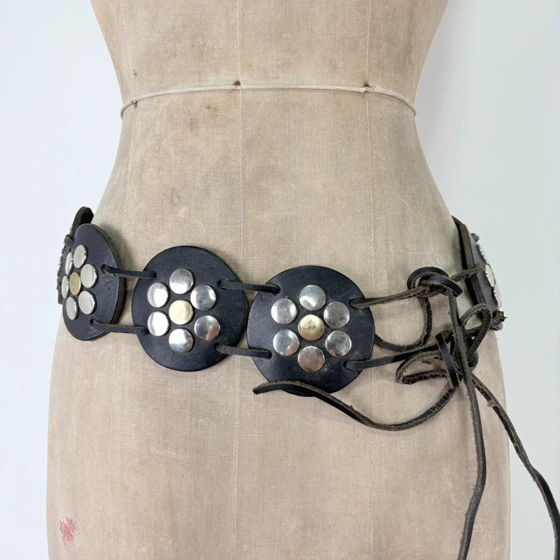 Black leather studded circle belt