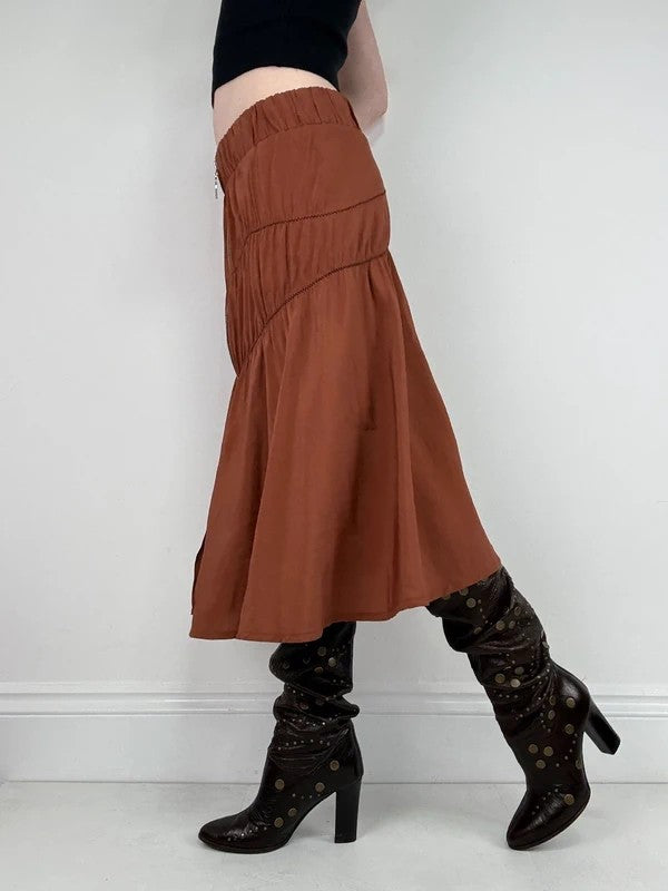 Cop Copine gathered ruched orange midi skirt