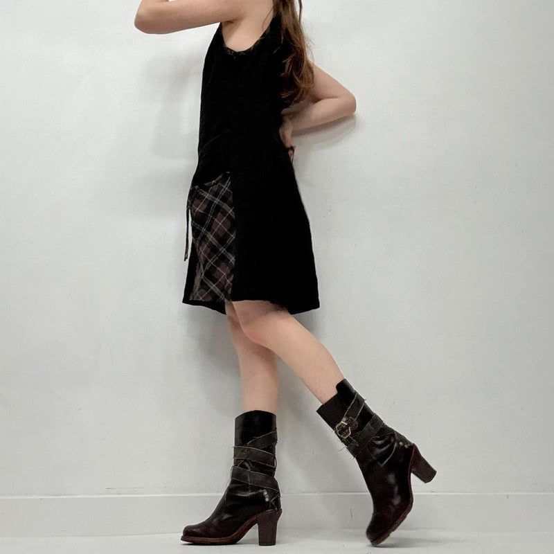 black tartan puff mini dress