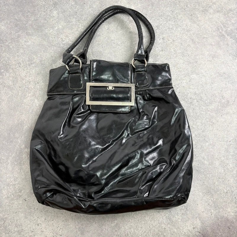 Faux leather patent black Y2K buckle bag