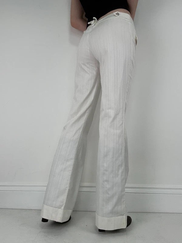 Lot rise white cotton pinstripe flared trousers