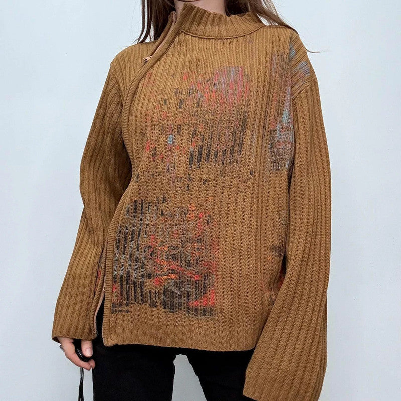 tan ribbed flared asymmetric-zip jumper